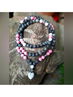 Artisan Hand Crafted Larvikite, Pink and White Howlite & Rainbow Hematite Mala